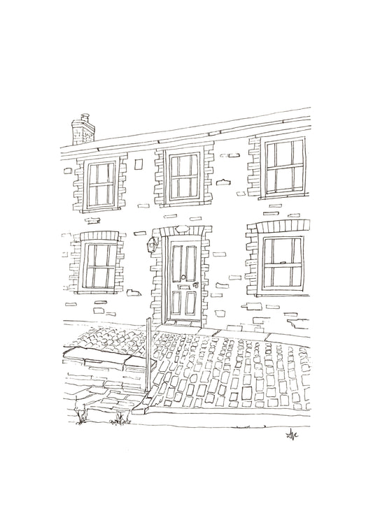 Hand-drawn print of Fern Cottage, Port Isaac, Cornwall. Doc Martin's iconic surgery, original line art by Ali Collins