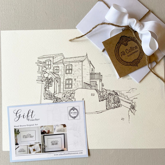 A gift voucher with a hand-drawn illustration of a house, accompanied by a note and a ribbon, presented as a gift.