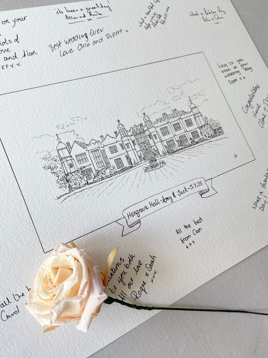 A hand drawn original of Hengrave Hall, a guest book alternative with guest messages around the outside.