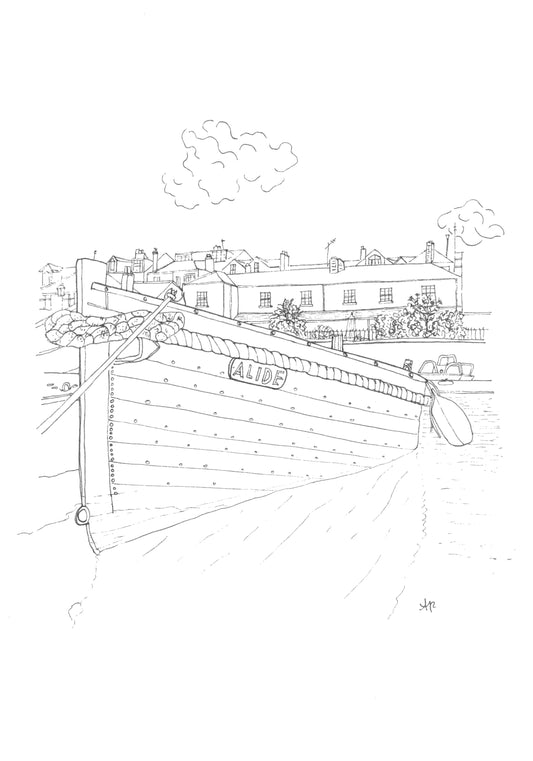 Hand-drawn print of Alide at Salcombe Harbour, Devon. Original nautical coastal line art by Ali Collins
