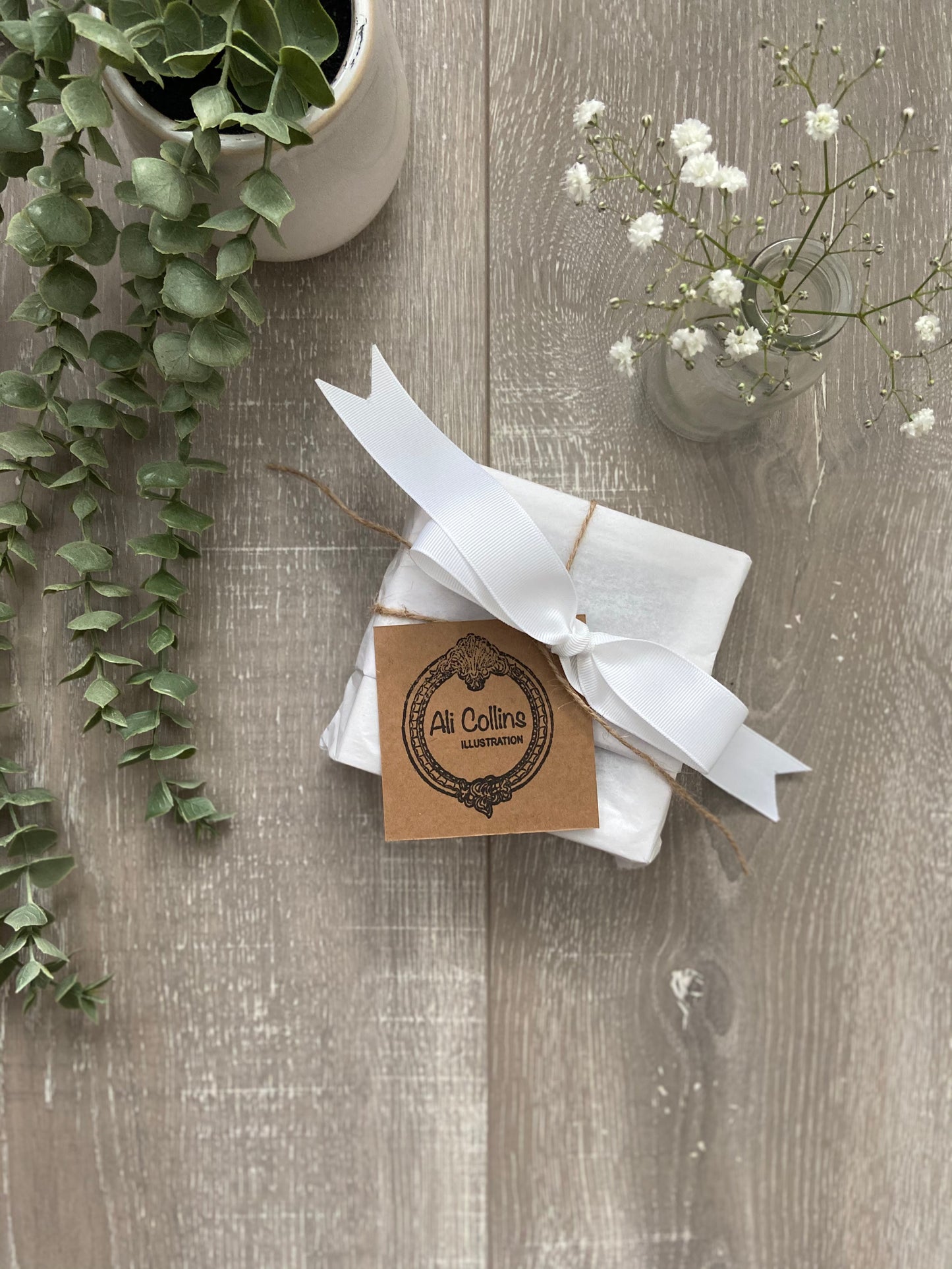 Framed Anchor illustration wrapped in acid-free tissue paper with white satin bow by Ali Collins