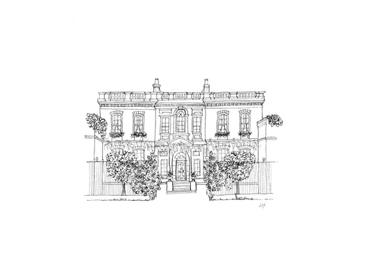 Hand-drawn print of the Bridgerton House — Regency-era TV location illustration, original line art by Ali Collins