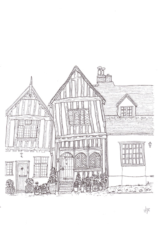 Hand-drawn print of The Crooked House, Lavenham, Suffolk — medieval 1395 wool merchant's home, original line art by Ali Collins