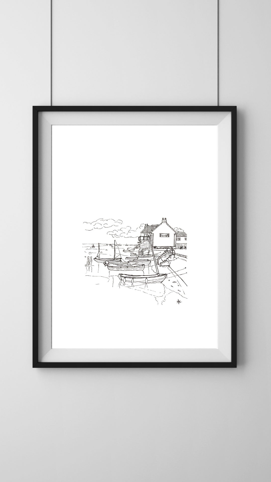 Hand-drawn line art print of East Quay, Wells-next-the-Sea, Norfolk. Original illustration hand signed by Ali Collins