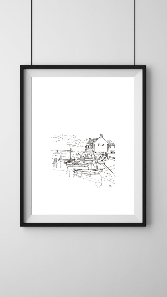 Hand-drawn line art print of East Quay, Wells-next-the-Sea, Norfolk. Original illustration hand signed by Ali Collins