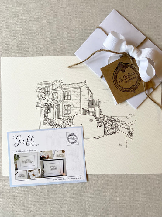 Ali Collins Illustration gift voucher presented with hand-drawn house portrait artwork and packaging