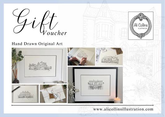 Bespoke hand-drawn house portrait illustration by Ali Collins, available as a gift voucher commission