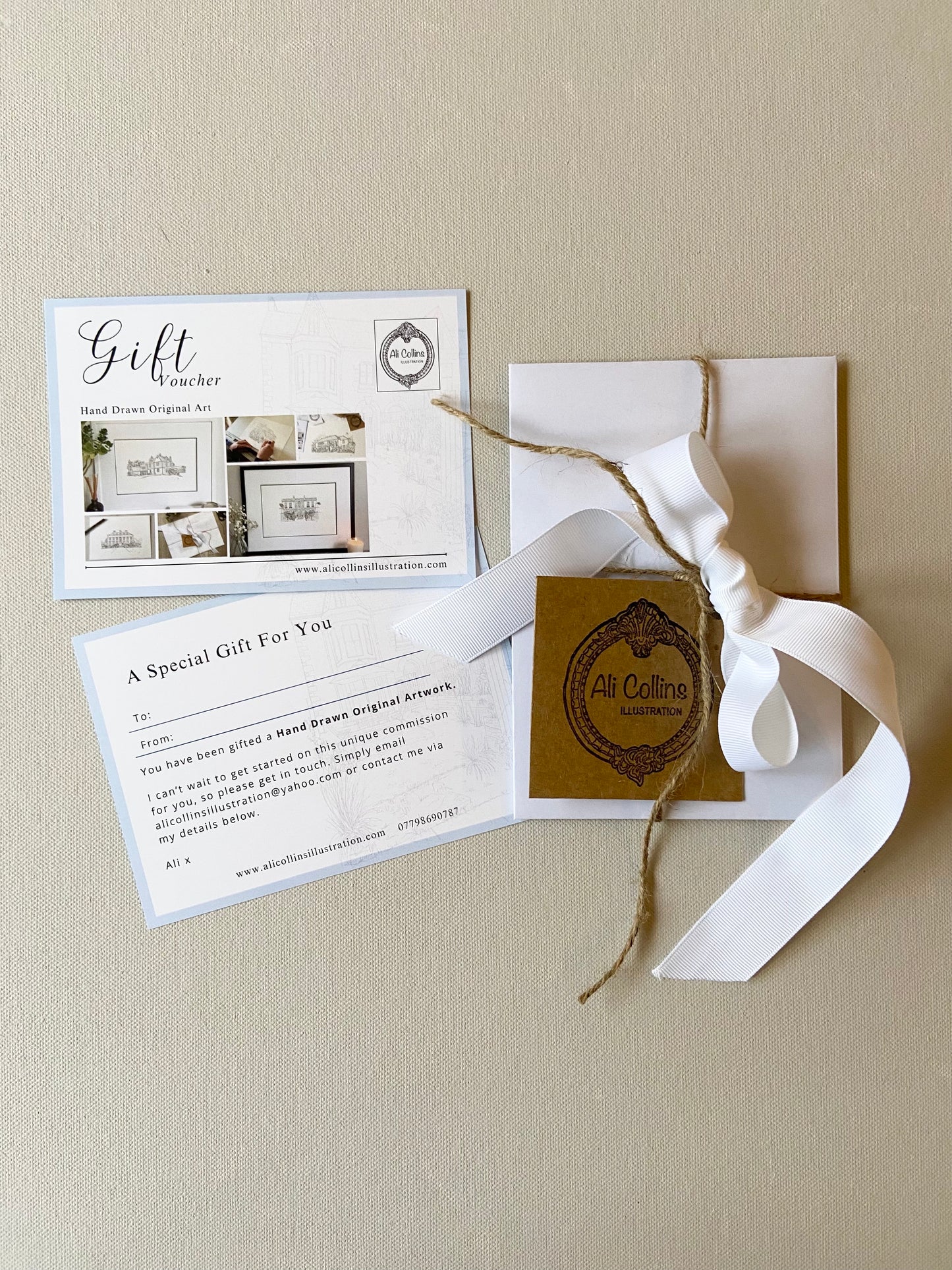 Ali Collins Illustration gift voucher cards and packaging, perfect for gifting a bespoke commission