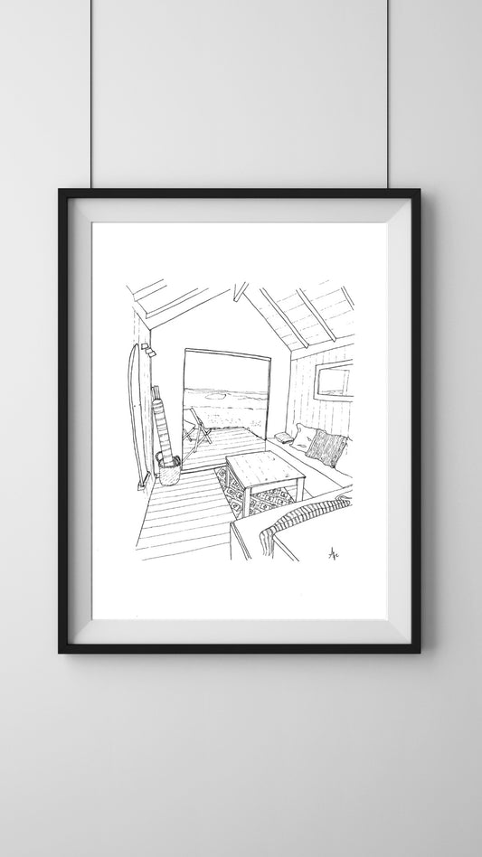 Framed illustration of Beach Hut 245, West Mersea, Essex — hand-signed coastal art by Ali Collins