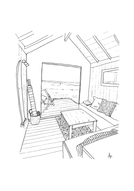 Hand-drawn print of Beach Hut 245, West Mersea, Essex. Original coastal line art by Ali Collins