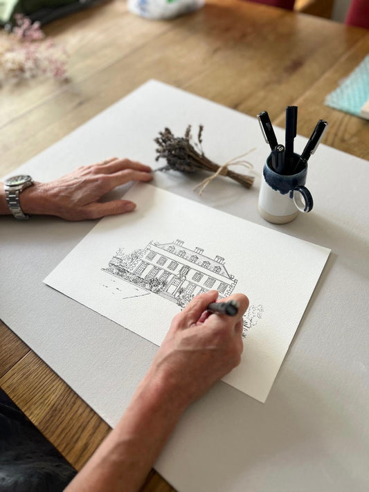 Close-up of St Giles wedding venue hand-drawn illustration — original line art detail by Ali Collins