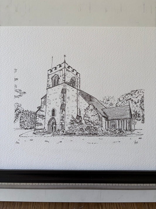 Black and white pen drawing of a church on textured paper.