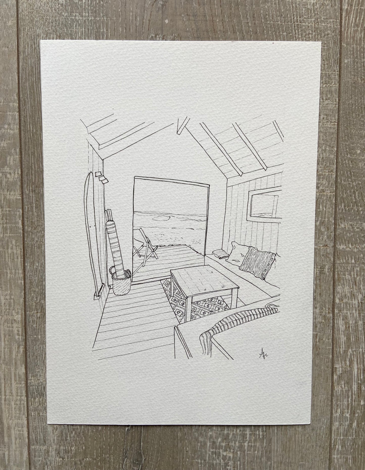 Beach Hut Commission - Original Hand Drawn Line Drawing A4