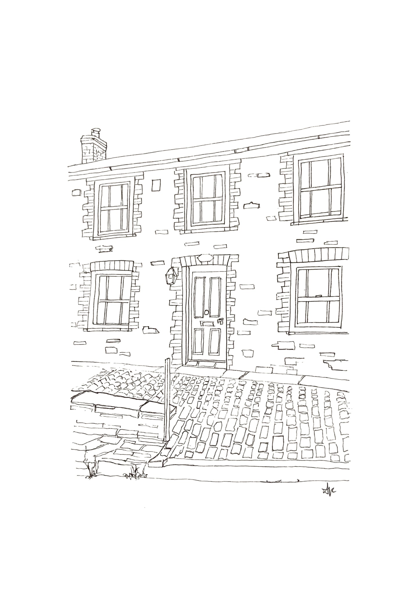 Hand-drawn print of Fern Cottage, Port Isaac, Cornwall.  Doc Martin's iconic surgery, original line art by Ali Collins