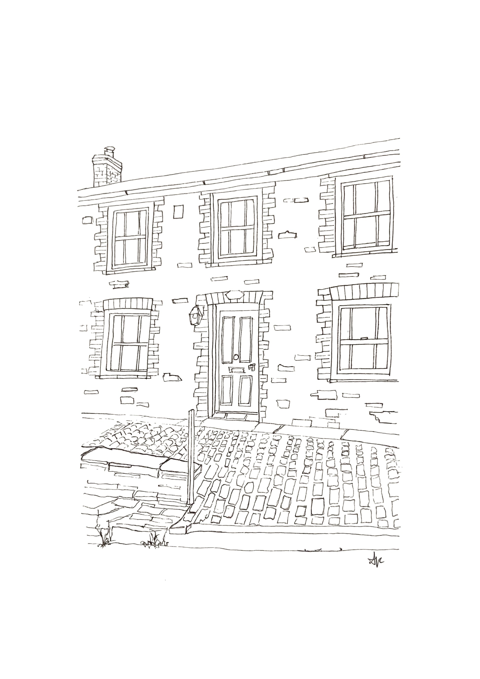 Hand-drawn print of Fern Cottage, Port Isaac, Cornwall.  Doc Martin's iconic surgery, original line art by Ali Collins
