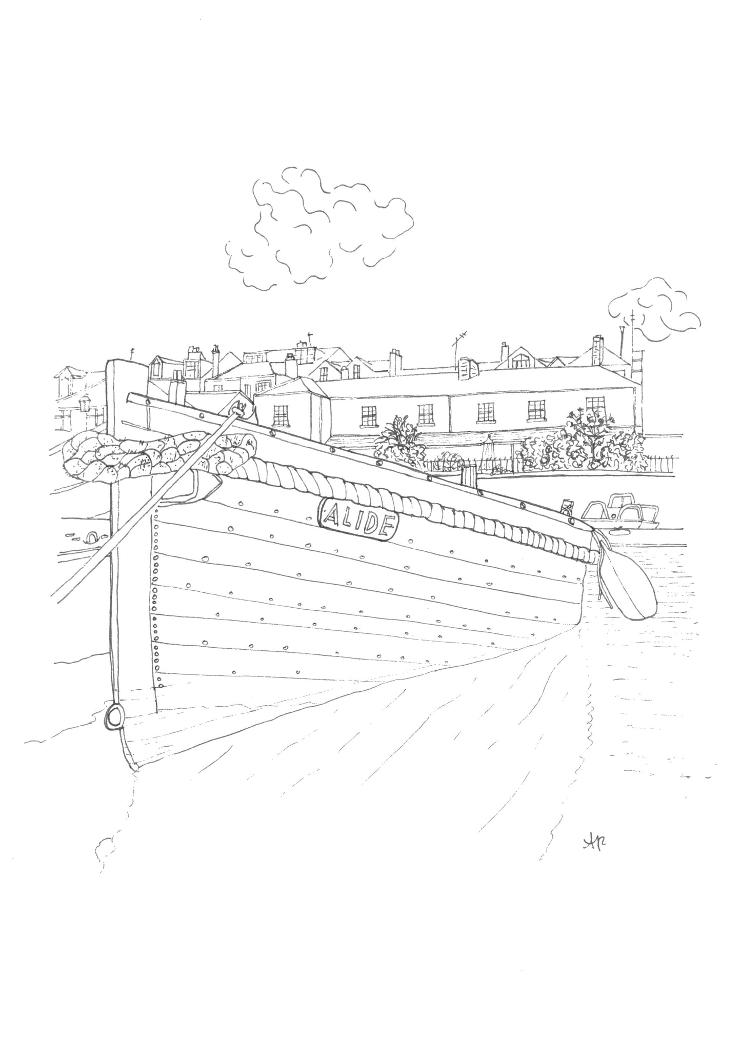 Hand-drawn print of Alide at Salcombe Harbour, Devon. Original nautical coastal line art by Ali Collins