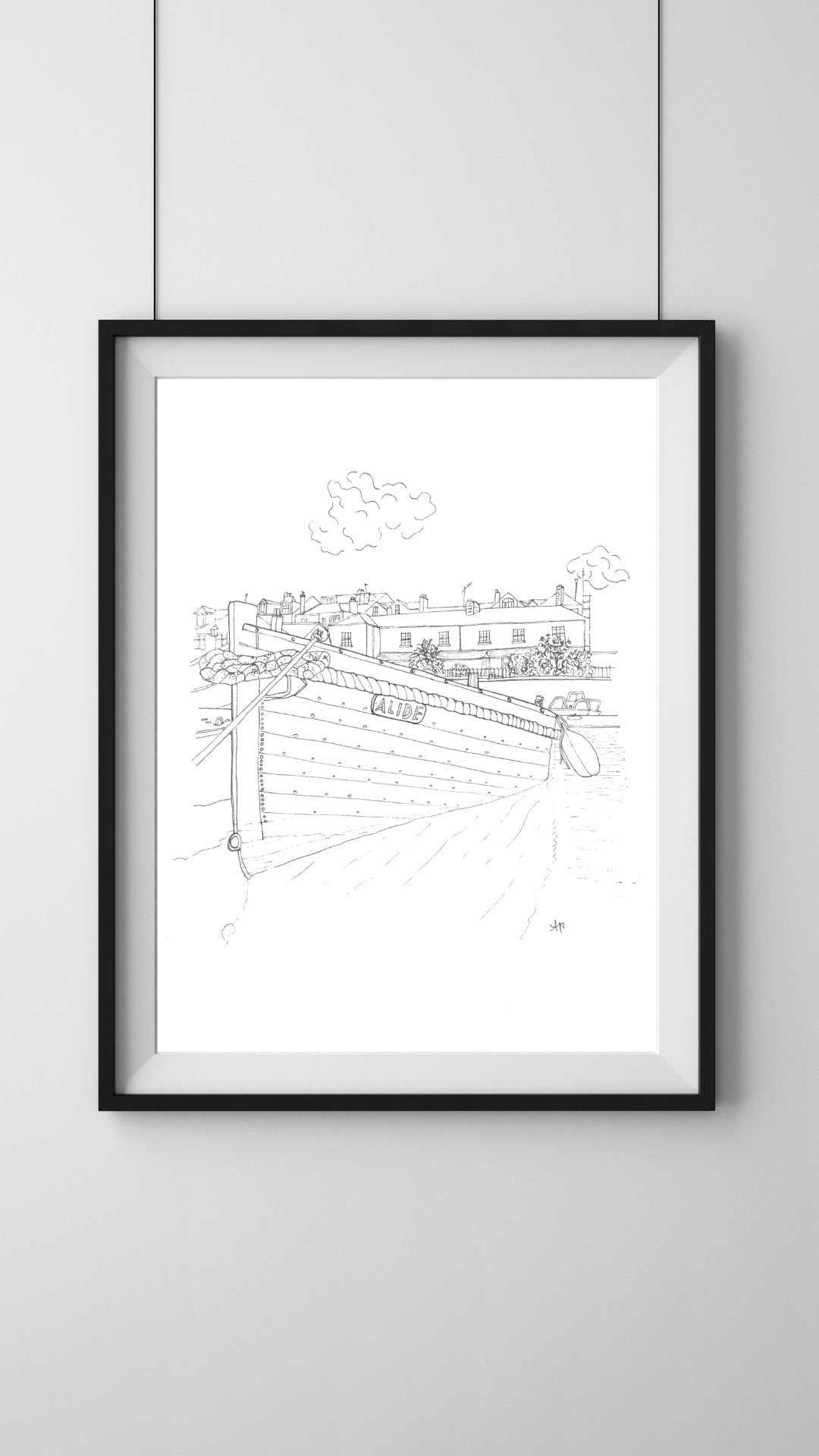 Framed illustration of Alide, Salcombe Harbour, Devon. Hand-signed coastal boat art by Ali Collins