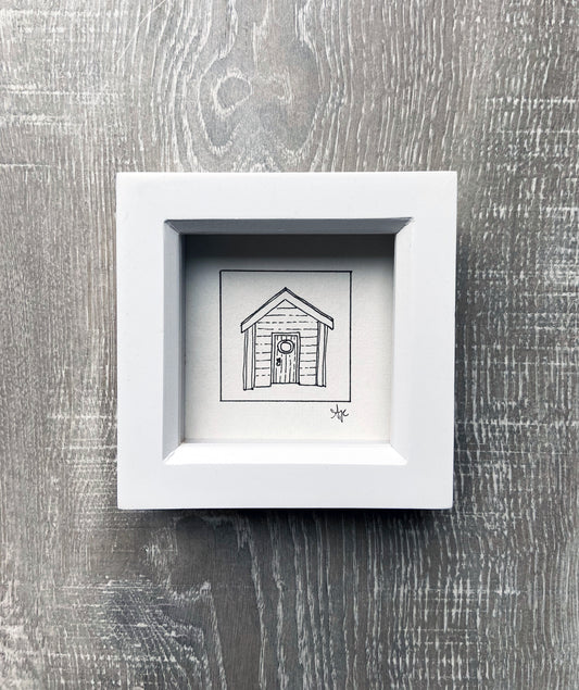 Close-up detail of original Beach Hut line drawing on 300gsm watercolour paper, framed, by Ali Collins