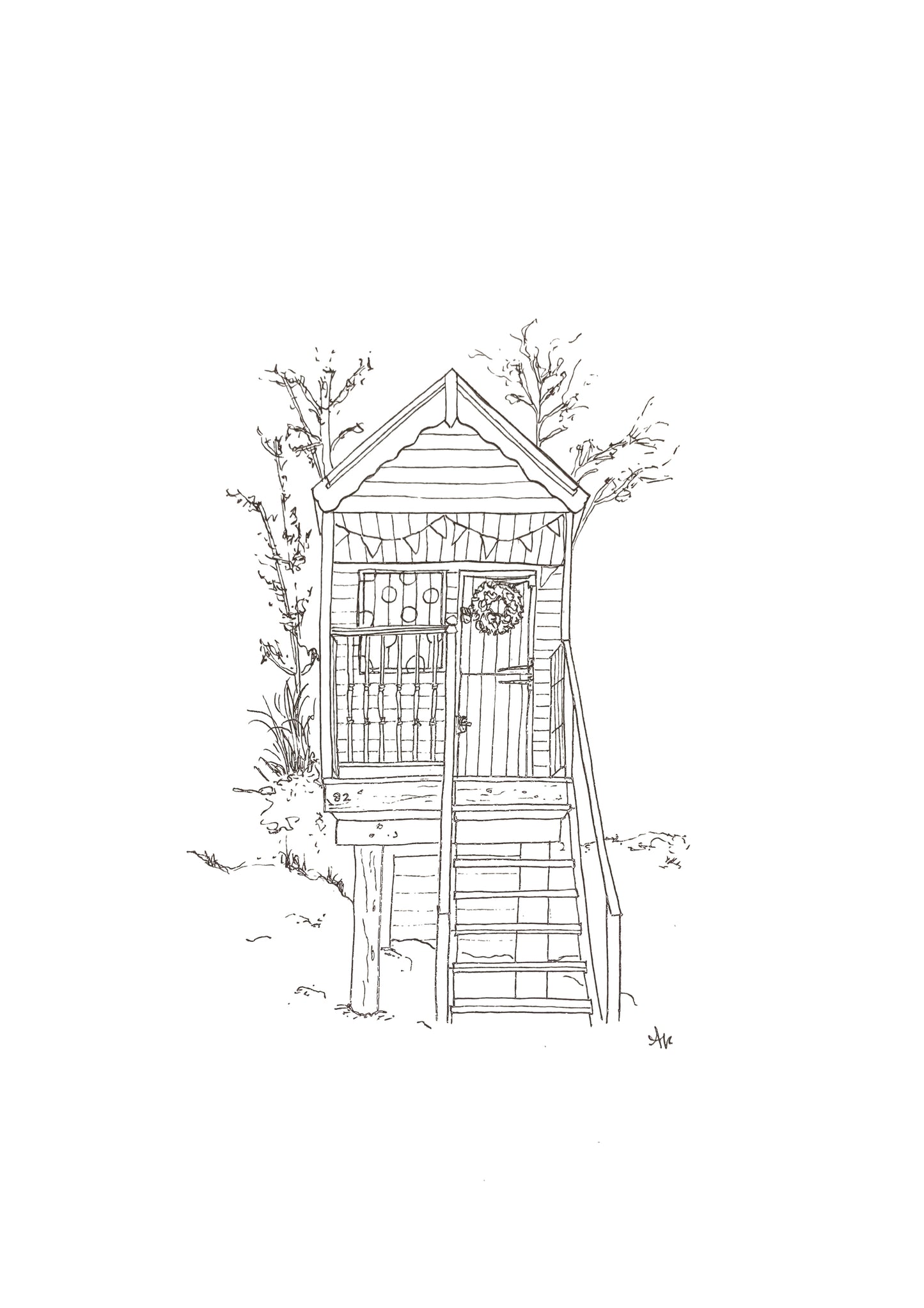 Hand-drawn beach hut line art print, Wells-next-the-Sea, Norfolk. Original illustration by Ali Collins