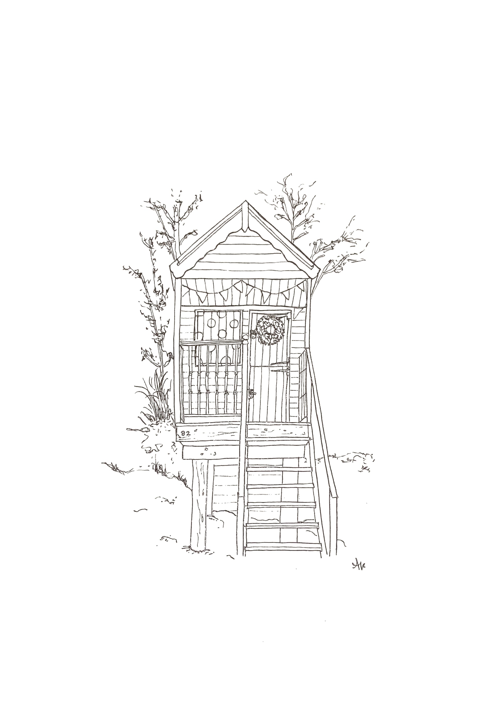 Hand-drawn beach hut line art print, Wells-next-the-Sea, Norfolk. Original illustration by Ali Collins