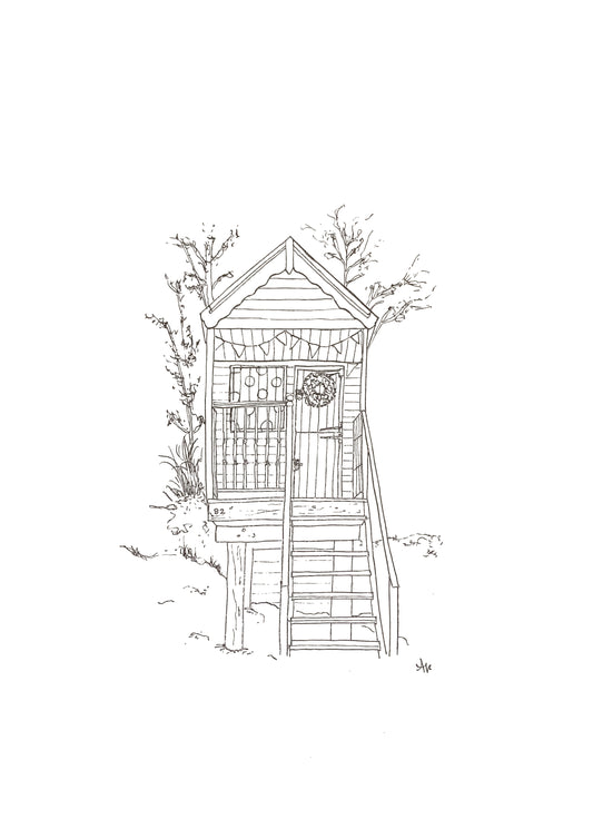 Hand-drawn beach hut line art print, Wells-next-the-Sea, Norfolk. Original illustration by Ali Collins