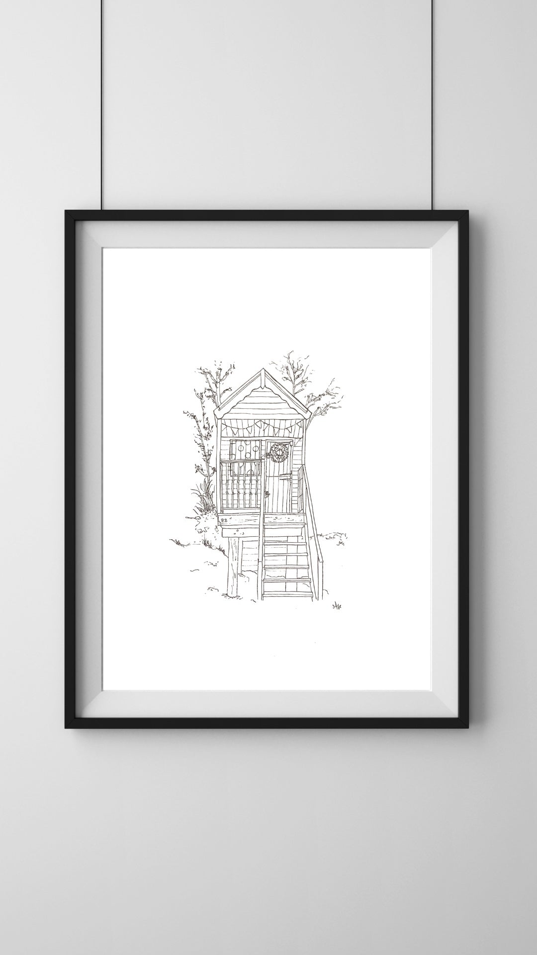 Framed beach hut illustration print, Wells-next-the-Sea, Norfolk. Hand-signed coastal art by Ali Collins