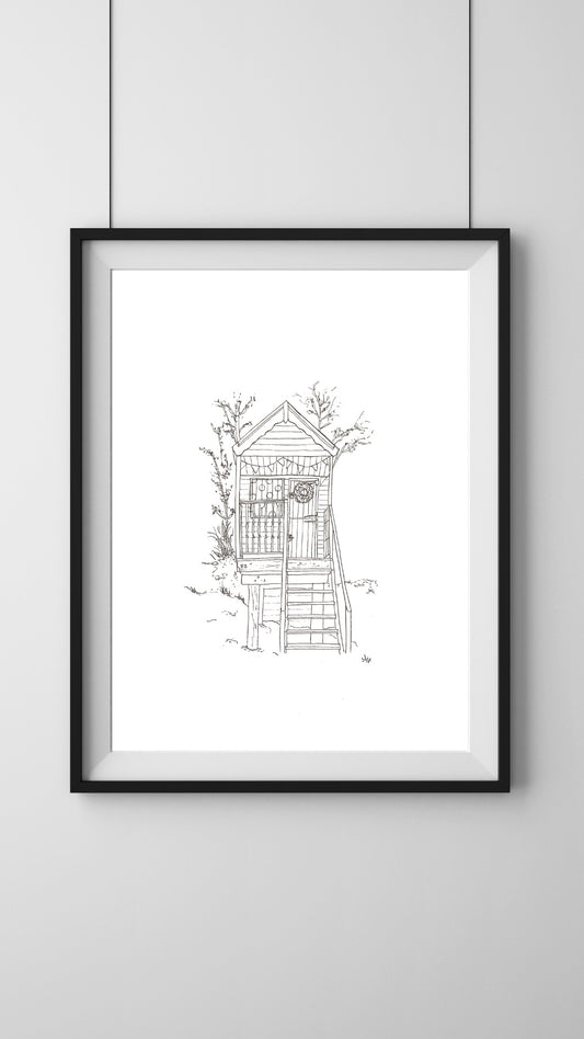 Framed beach hut illustration print, Wells-next-the-Sea, Norfolk. Hand-signed coastal art by Ali Collins