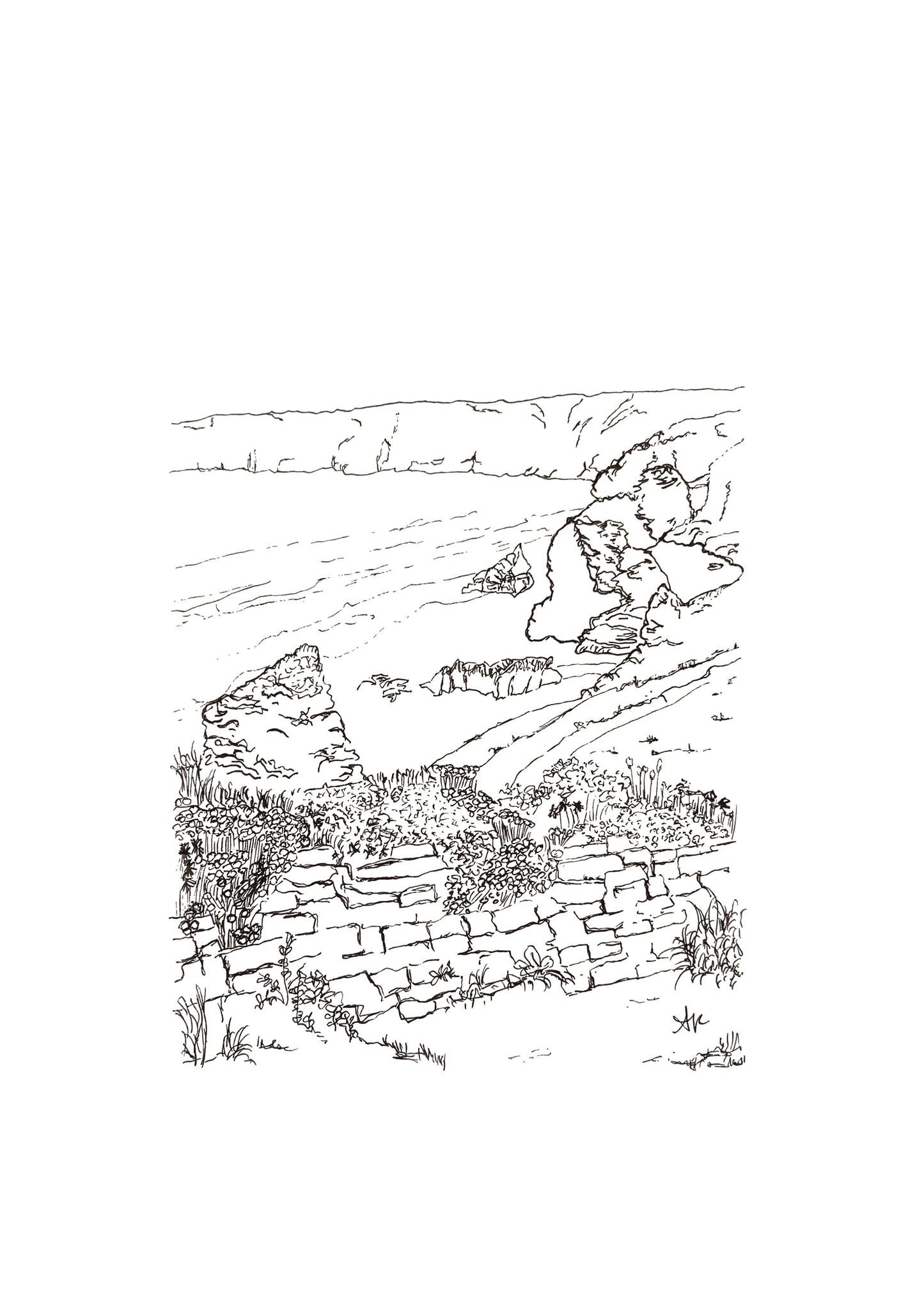 Hand-drawn print of Bedruthan Beach, Cornwall. Dramatic slate rock stacks and coastal cliffs, original line art by Ali Collins