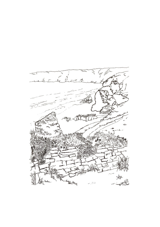 Hand-drawn print of Bedruthan Beach, Cornwall. Dramatic slate rock stacks and coastal cliffs, original line art by Ali Collins