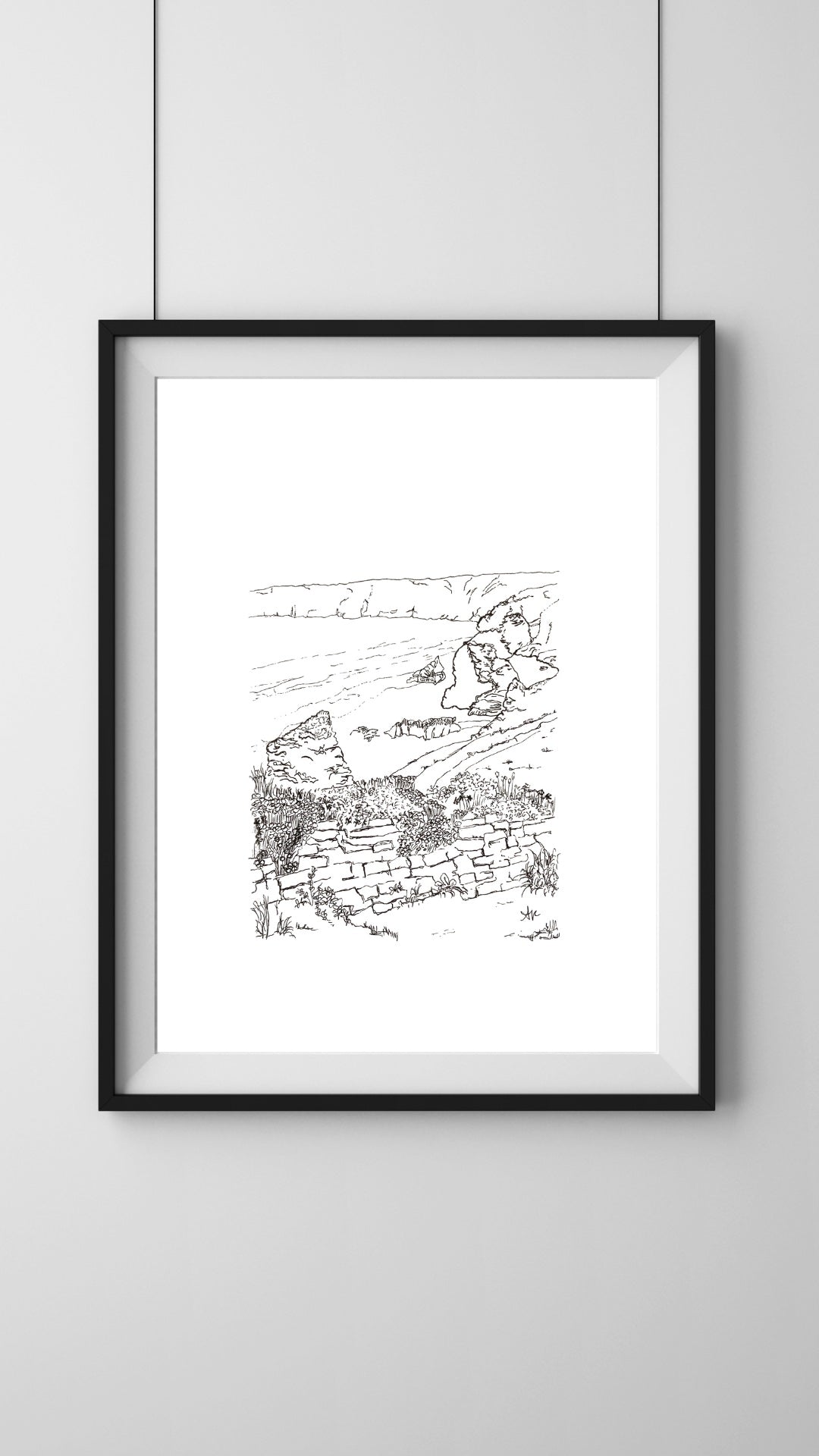 Framed illustration of Bedruthan Beach, Cornwall. Giant's stepping stones legend, hand-signed coastal art by Ali Collins