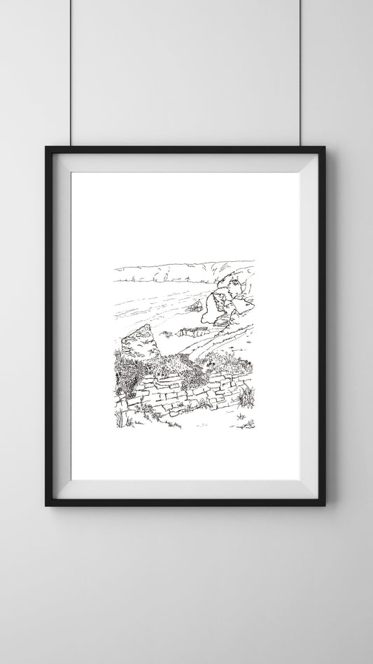 Framed illustration of Bedruthan Beach, Cornwall. Giant's stepping stones legend, hand-signed coastal art by Ali Collins