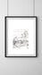 Framed illustration of Bedruthan Beach, Cornwall. Giant's stepping stones legend, hand-signed coastal art by Ali Collins