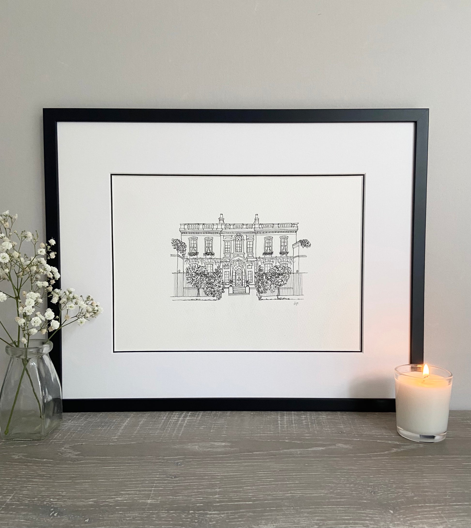 Framed hand-drawn print of the Bridgerton House — Regency-era TV location art, hand signed by Ali Collins