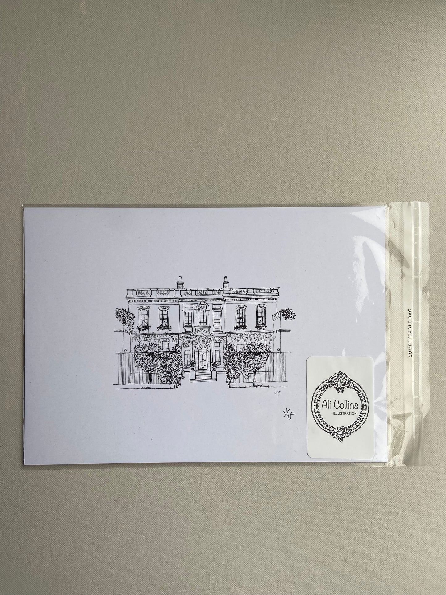 Bridgerton House art print in biodegradable compostable packaging — eco-friendly gift by Ali Collins