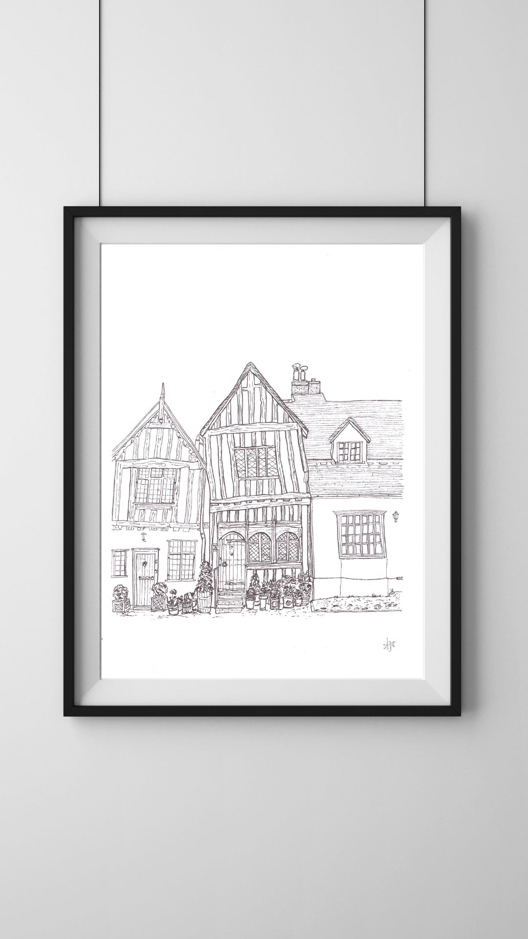 Framed illustration of The Crooked House, Lavenham, Suffolk — inspiration for 'There Was a Crooked Man', hand-signed art by Ali Collins