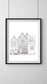 Framed illustration of The Crooked House, Lavenham, Suffolk — inspiration for 'There Was a Crooked Man', hand-signed art by Ali Collins