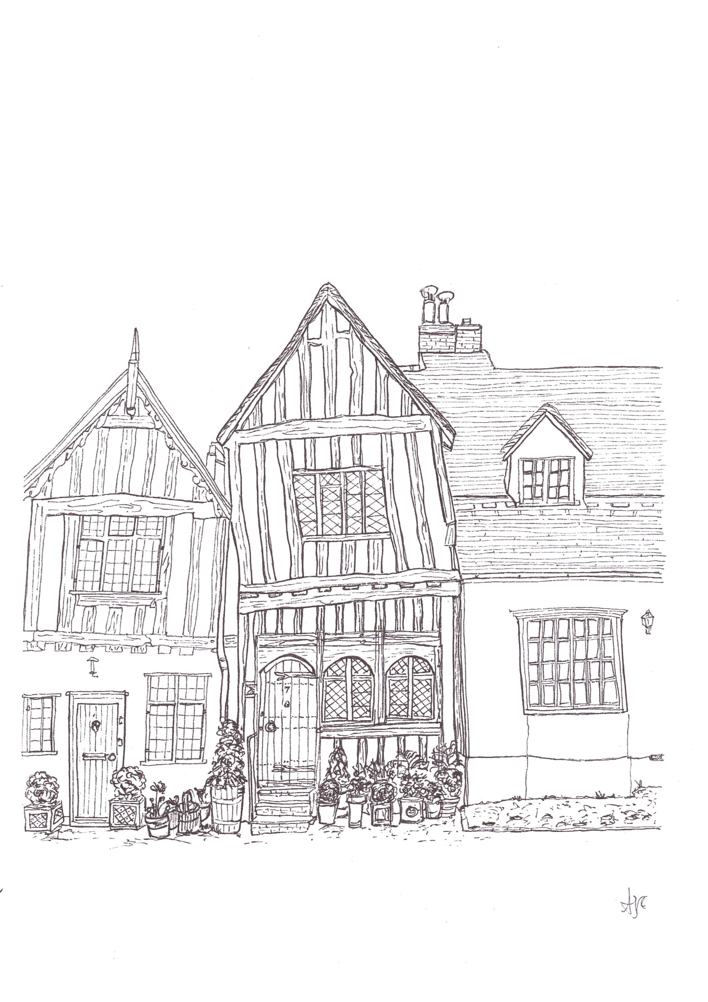 Hand-drawn print of The Crooked House, Lavenham, Suffolk — medieval 1395 wool merchant's home, original line art by Ali Collins