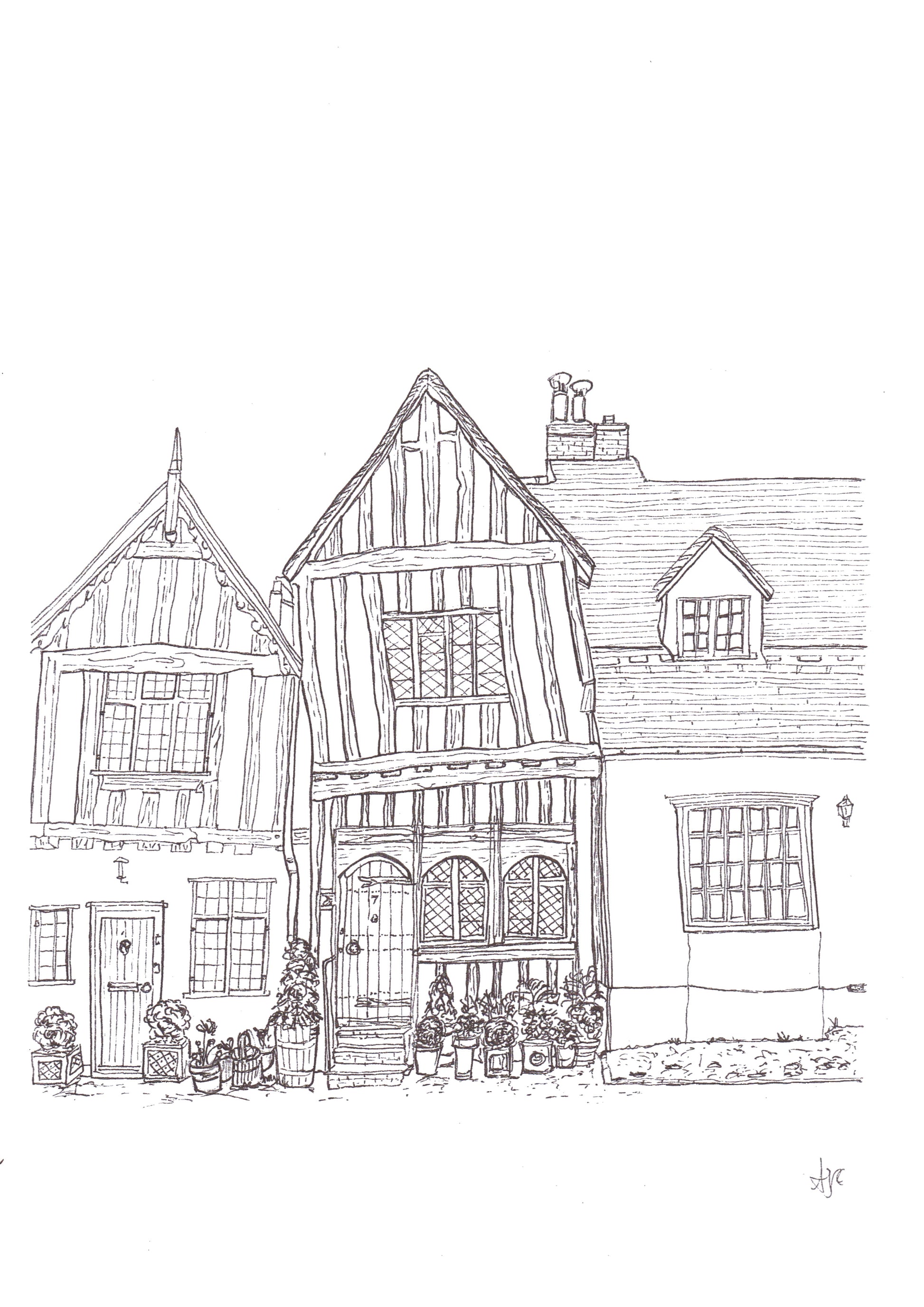 Hand-drawn print of The Crooked House, Lavenham, Suffolk — medieval 1395 wool merchant's home, original line art by Ali Collins