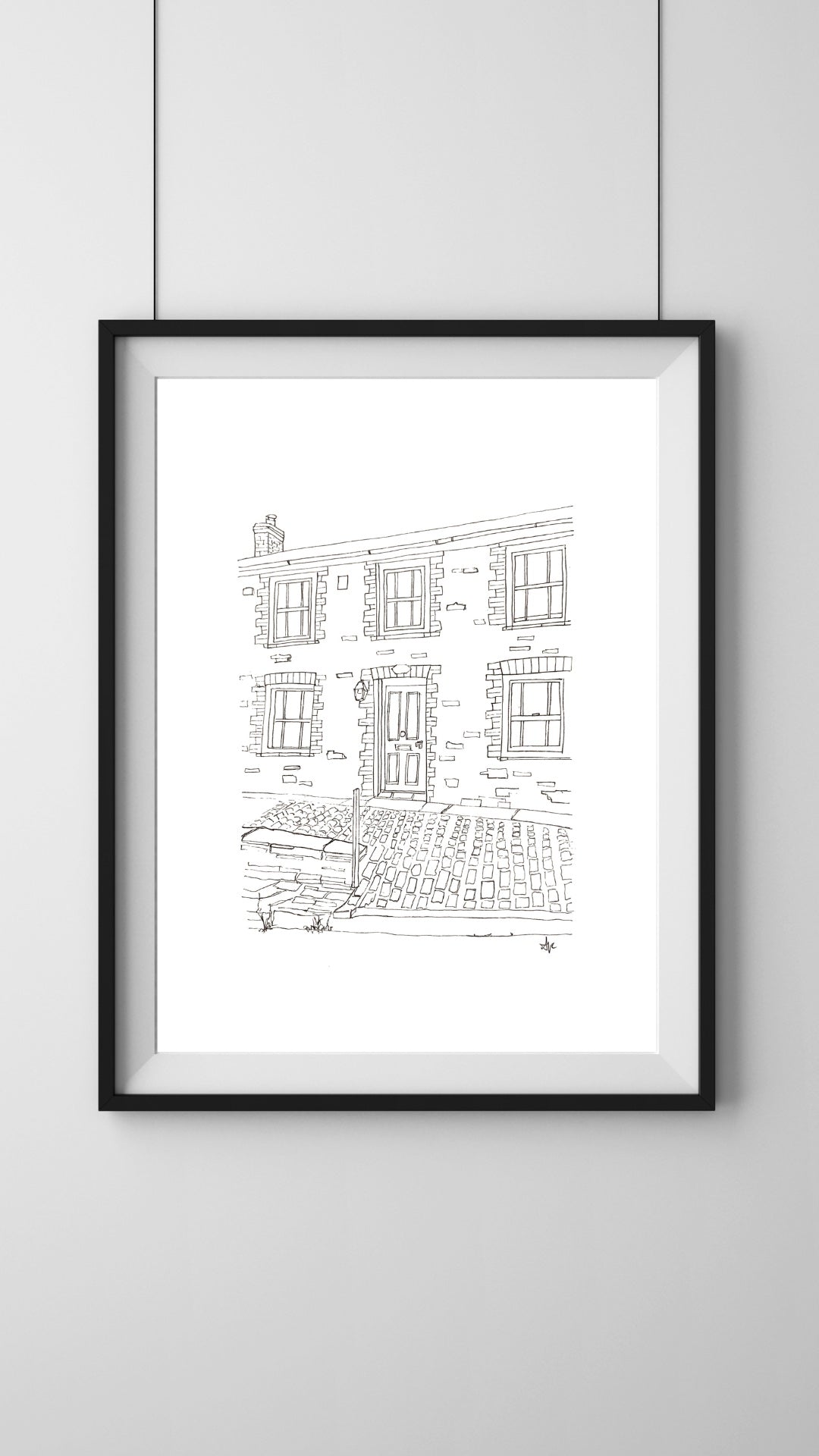 Framed hand-drawn illustration of Fern Cottage, Port Isaac, Cornwall.   Doc Martin's house, original art by Ali Collins