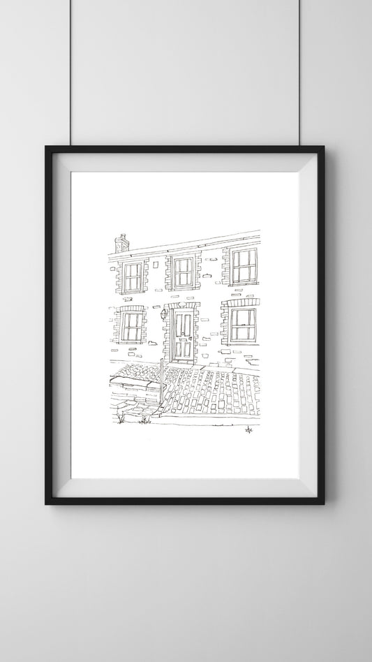 Framed hand-drawn illustration of Fern Cottage, Port Isaac, Cornwall.   Doc Martin's house, original art by Ali Collins