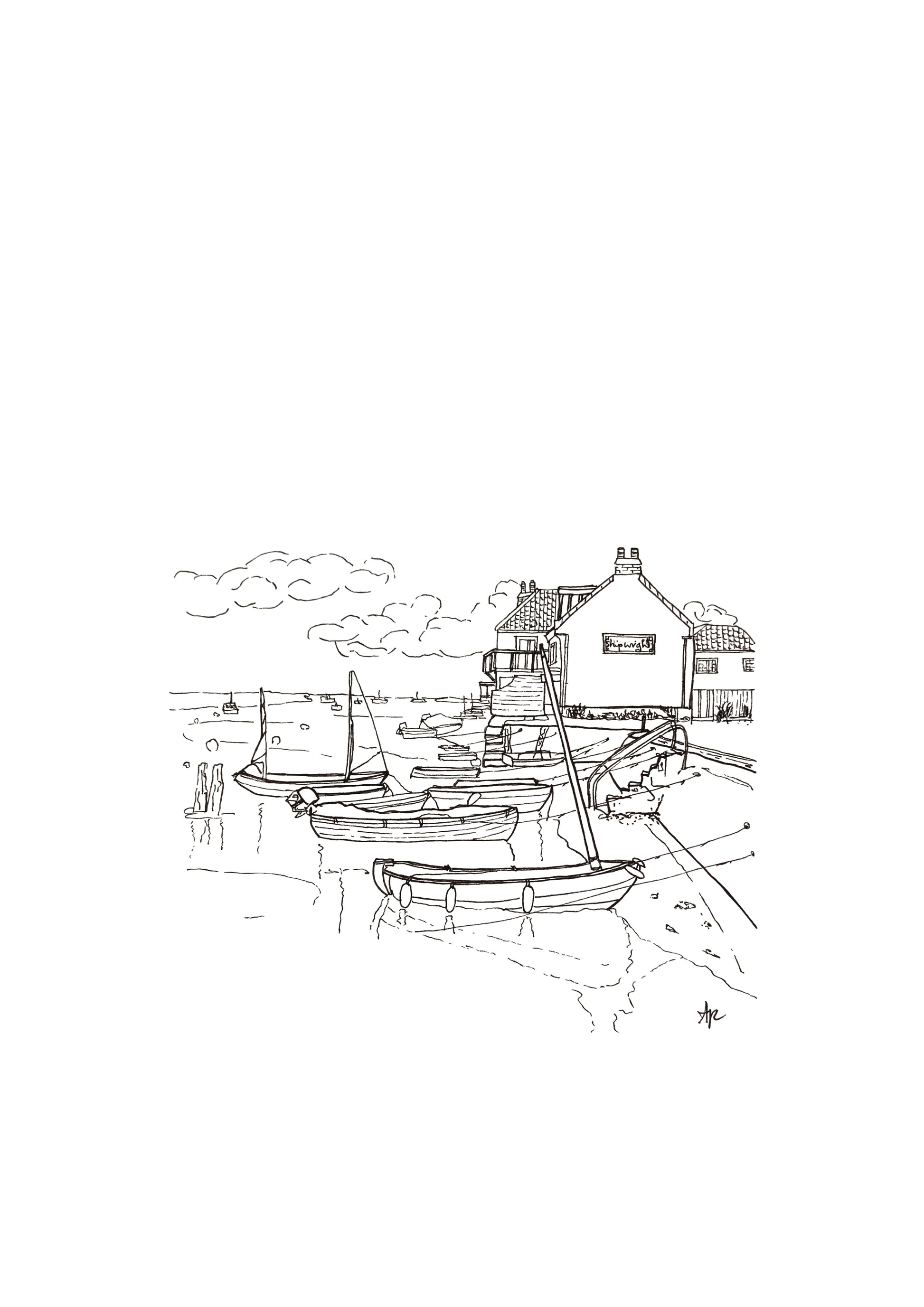 Framed hand-drawn print of East Quay, Wells-next-the-Sea, Norfolk. Original coastal line art by Ali Collins
