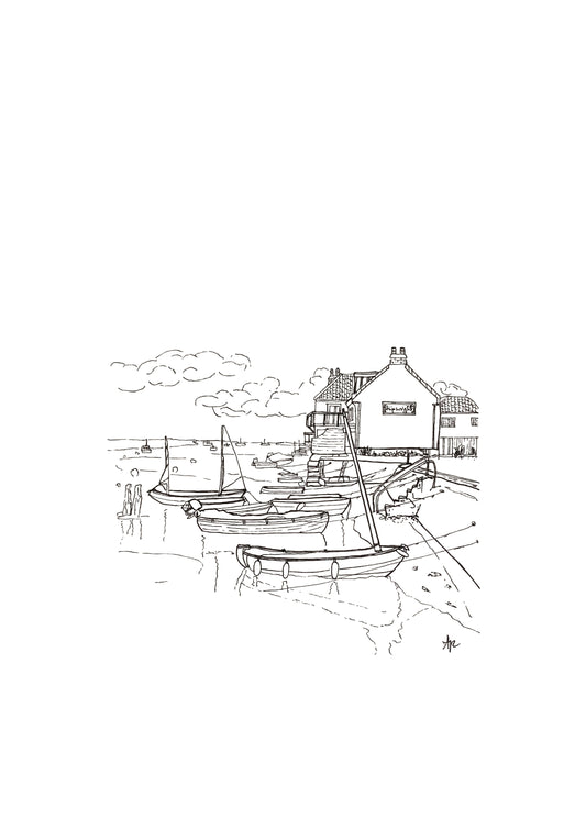 Framed hand-drawn print of East Quay, Wells-next-the-Sea, Norfolk. Original coastal line art by Ali Collins
