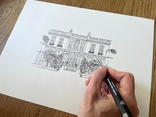 Progress drawing photo of  Hand drawn illustration of Bridgerton House in black and white. 