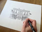 Progress drawing photo of  Hand drawn illustration of Bridgerton House in black and white. 