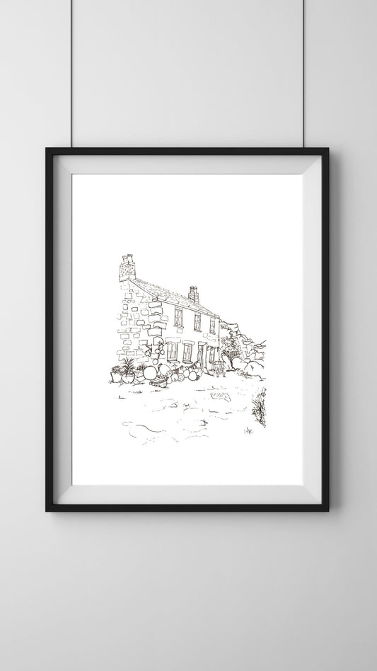 Framed illustration of Fisherman's Cottage, Penberth Cove, Cornwall. Timeless coastal cottage art, hand signed by Ali Collins