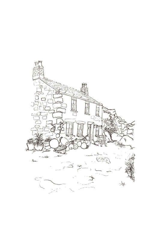 Hand-drawn print of Fisherman's Cottage, Penberth Cove, Cornwall. Historic Poldark fishing hamlet, original line art by Ali Collins