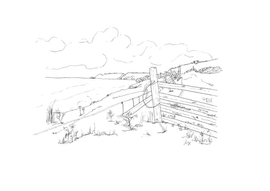 Hand-drawn print of Gara Rock Beach, Salcombe, Devon. Golden sands and sea views, original coastal line art by Ali Collins
