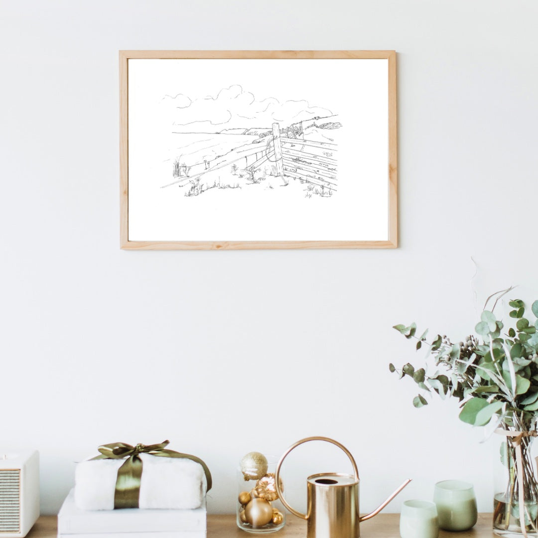 Framed illustration of Gara Rock Beach, Salcombe, Devon. Hand-signed coastal art, original line drawing by Ali Collins