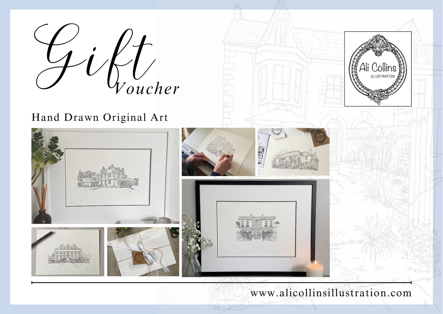 Bespoke hand-drawn house portrait illustration by Ali Collins, available as a gift voucher commission