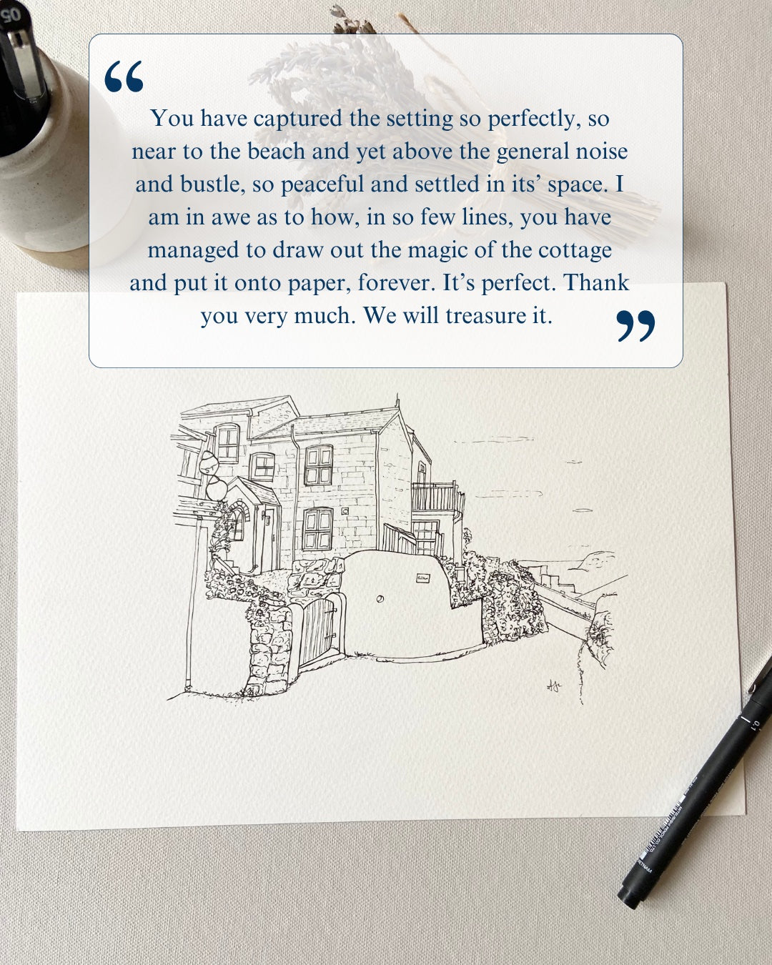 Line drawing of a cottage with a quote on a textured surface